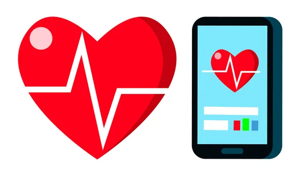 Καρδιακό παλμό ρυθμό διάνυσμα. Παλμός, καρδιογράφημα καρδιά γραφήματος στο κινητό Scren. Εφαρμογή Fitness Sport κτύπο της καρδιάς. Απομονωθεί καρτούν εικονογράφηση — Διανυσματικό Αρχείο
