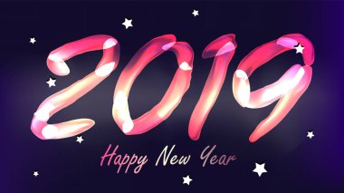 2019 mutlu yeni yıl vektör arka plan. Glow Neon ışık. Numaraları 2019. Noel, yeni yıl afiş tasarımı. İllüstrasyon