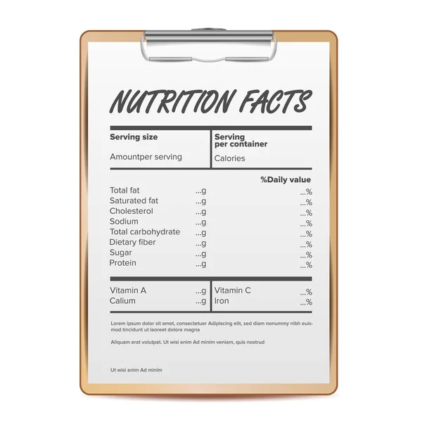 栄養物の事実のベクトル。空白、テンプレート。食品の含有量。脂肪情報。タンパク質スポーツ。グラムと %。図 — ストックベクタ