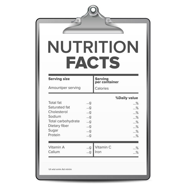 Вектор факторов питания. Бланк, шаблон. Диетические калории. Для коробки. Инструкция. Ингредиенты калорий. Иллюстрация
