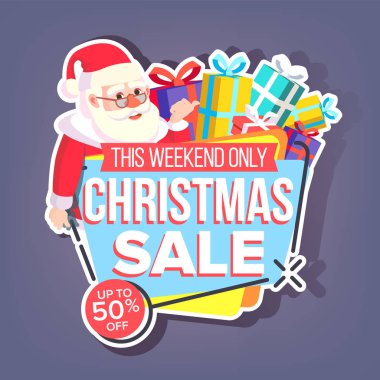 Noel satış etiket vektör. Noel Baba. Yüzde 50 oranında Off To tatil rozetleri. Ucuz işareti. İzole illüstrasyon