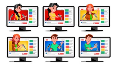 Nunavukatı Blogger kanal vektör ayarlayın. Fısıltı. Uykusuzluk kavramı. Kulaklık ses dinleme. Musabakada duyusal Meridian yanıt. Mal, erkek. Web arayüzünde. İzole illüstrasyon