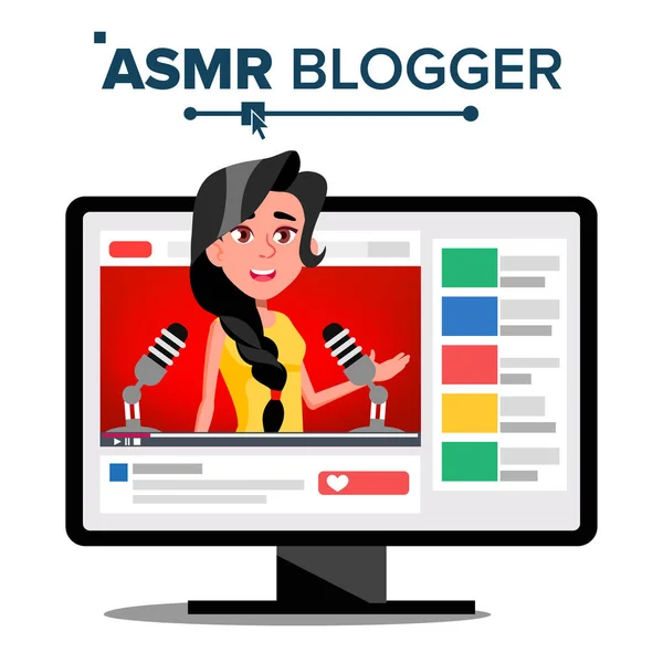 Вектор каналу ASMR Blog. Жінка. Швидка допомога для сну. Концепція безсоння. Ізольована ілюстрація — стоковий вектор