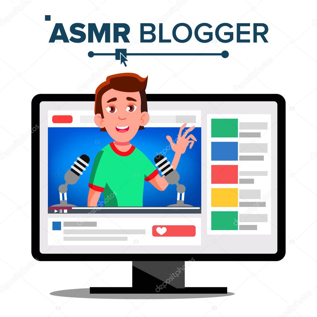 ASMR Blogger Channel Vector. Male, Guy. Isolated Illustration
