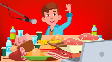 Mukbang gösteri vektör yemek. Adam. Gıda Challenge. Video Blog kanal. İllüstrasyon