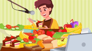 Mukbang gösteri vektör yemek. Kız. Bir sürü yemek yemek. Kore sosyal medya. İllüstrasyon