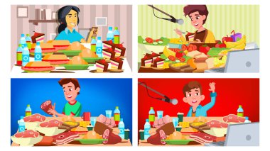 Mukbang gösteri vektör yemek. Kız, adam. Gösteri yeme. Kayıt. Online canlı yayın. Asya sosyal medya. Bir sürü yemek yemek. Kore dili. İllüstrasyon