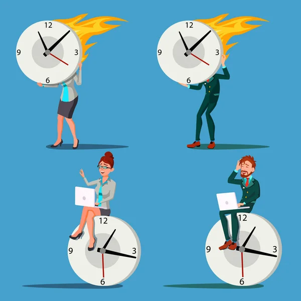 Hombre de Gestión de Tiempo, Mujer Vector. Procrastinación. Control. Reloj enorme, mira. Ilustración de negocios — Vector de stock