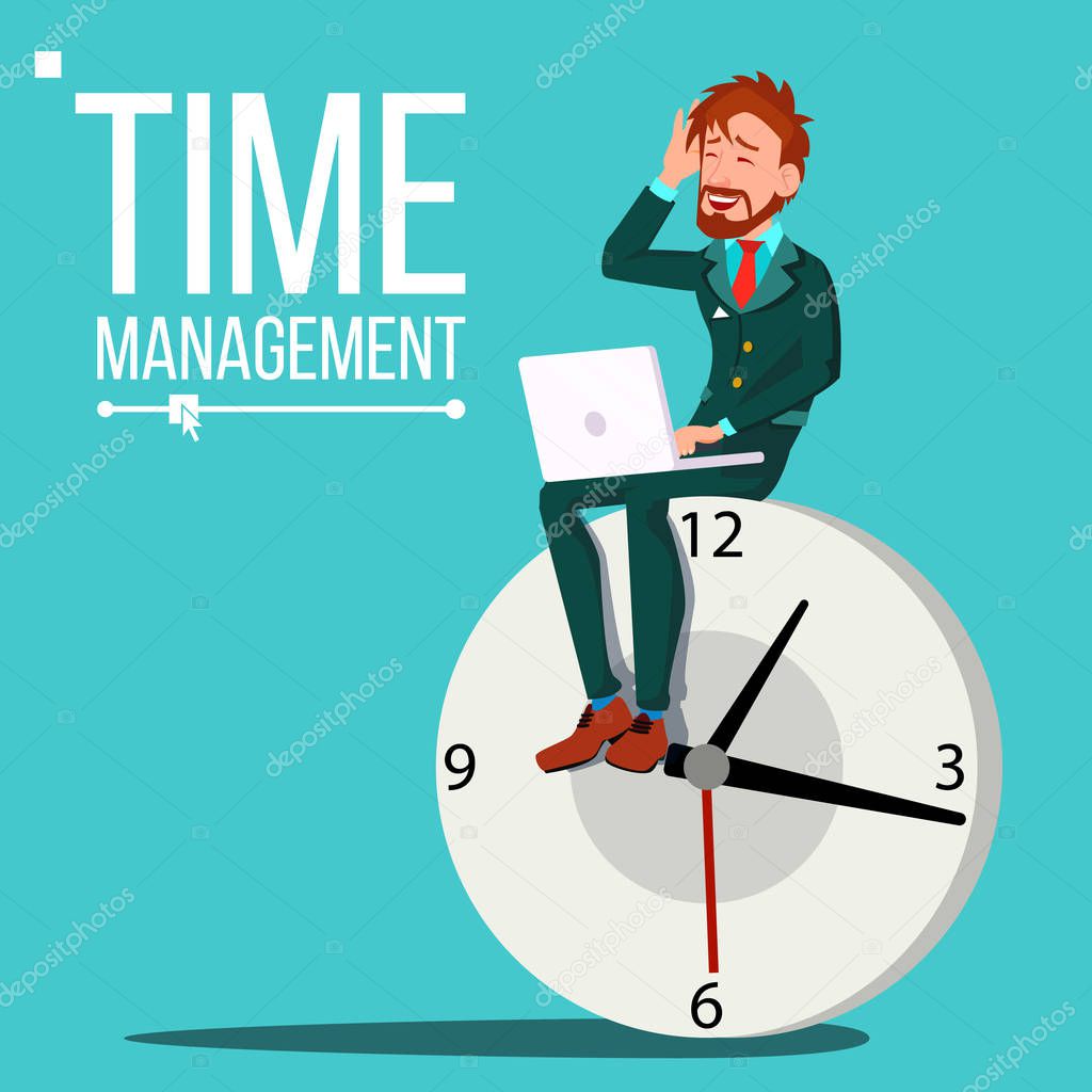Time Management Man Vector. Huge Clock, Watch. Control. Procrastination. Business Illustration