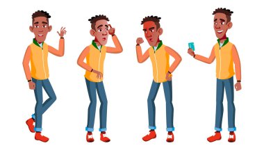 Genç çocuk Set vektör teşkil etmektedir. Siyah. Afro Amerikalı. Güzellik, yaşam tarzı. Web, Poster, kitapçık tasarımı için. İllüstrasyon izole karikatür