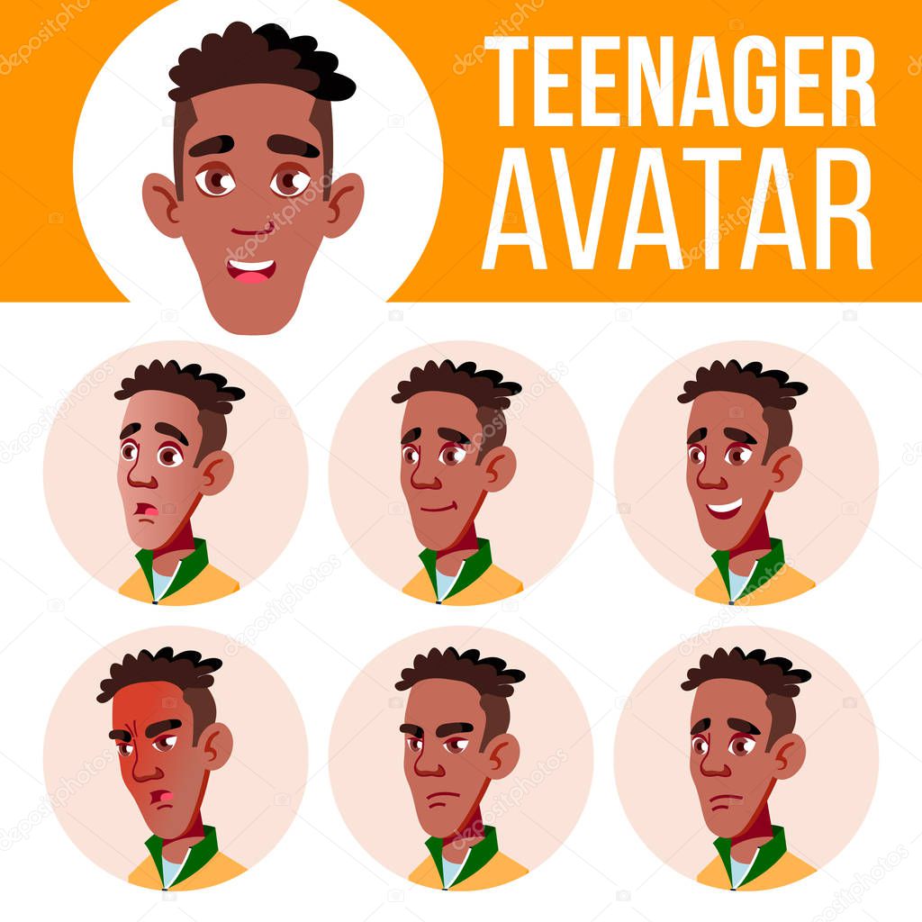 Teen Boy Avatar Set Vector. Black. Afro American. Face Emotions. Emotional. Leisure, Smile. Cartoon Head Illustration