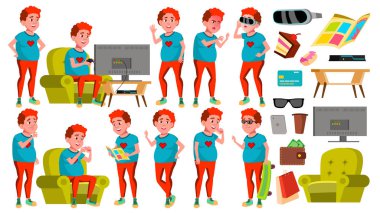 Genç çocuk Set vektör teşkil etmektedir. Kırmızı kafa. Yağ oyun. Eğlenceli, neşeli. Web, Poster, kitapçık tasarımı için. İllüstrasyon izole karikatür