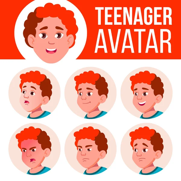 Teenager Junge Avatar Set Vektor. Gesicht Emotionen. Kinder. Roter Kopf. Dicke Spieler. schön, lustig. Zeichentrickkopf-Illustration — Stockvektor