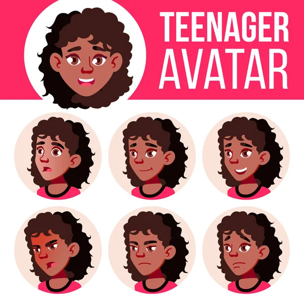 Adolescente Avatar Set Vector. Preto. Afro-americano. Emoções faciais. Crianças, Jovens. Vida, Emocional. Desenhos animados cabeça ilustração —  Vetores de Stock