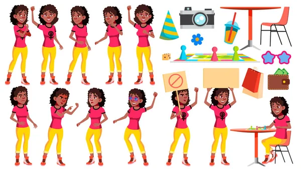 Gadis remaja Poses Set Vector. Hitam. Afro Amerika. Orang Positif. Untuk Postcard, Cover, Placard Design. Ilustrasi Kartun Terisolasi - Stok Vektor