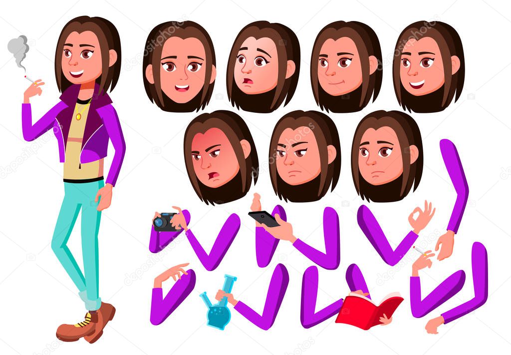 Teen Girl Vector. Teenager. Adult People. Casual. Fun, Cheerful. Smoking Cannabis. Face Emotions, Various Gestures. Animation Creation Set. Isolated Flat Cartoon Character Illustration