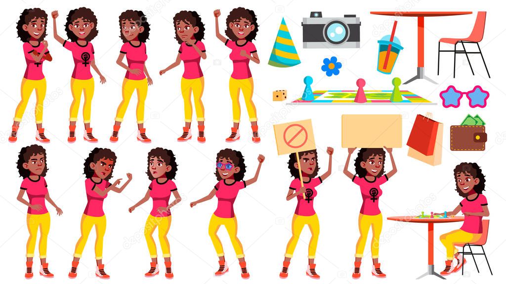 Teen Girl Poses Set Vector. Black. Afro American. Positive Person. For Postcard, Cover, Placard Design. Isolated Cartoon Illustration