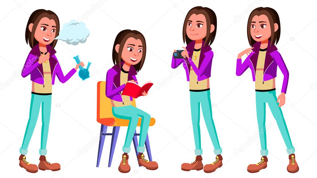 Teen Girl Poses Set Vector. Smoking Cannabis. Adult People. Casual. For Advertisement, Greeting, Announcement Design. Cartoon Illustration