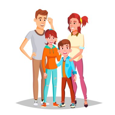 Aile portre vektör. Anne-babalar, çocuklar. Mutlu. Afiş, reklam şablonu. İllüstrasyon izole karikatür