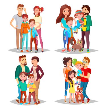 Aile portre Set vektör. Anne-babalar, çocuklar. Noel Baba şapkaları. Mutlu bir aile. İzole illüstrasyon