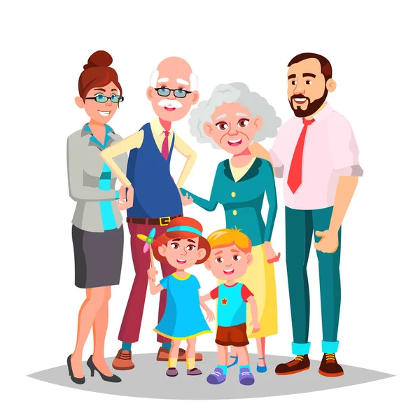 家族のベクトル。お母さん、お父さん、子供たち、一緒に祖父母。装飾要素。孤立した漫画の実例 — ストックベクタ