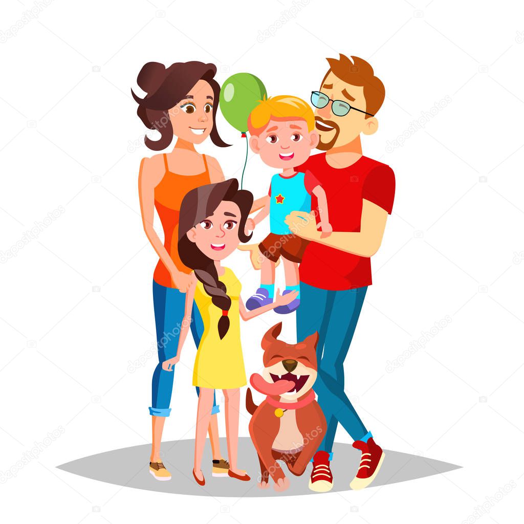 Family Portrait Vector. Dad, Mother, Kids. In Santa Hats. Cheerful. Greeting, Postcard, Colorful Design. Isolated Cartoon Illustration