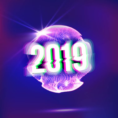 2019 mutlu yeni yıl vektör arka plan. Tatil 2019 yılın. Fütüristik disko parlak Neon ışık küresi. Sigorta primi lüks. Mutlu Noeller. İllüstrasyon