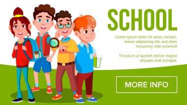 Okul Eduacation afiş vektör. Kızlar, gülümseyen çocuklar öğrenci. Poster, Web sitesi, davet. Göz bebekleri. İllüstrasyon