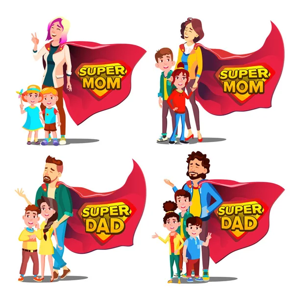 Super pai, mãe Vector. Mãe e Pai Como Super Herói Com Filhos. Distintivo do escudo. Isolado plano Cartoon Illudtration —  Vetores de Stock