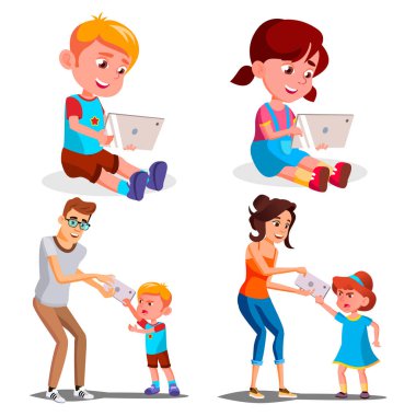 Çocuk s Gadget bağımlılığı vektör. Baba, annem alır Smartphone kızından. Internet bağımlılığı. Modern teknolojiler. İllüstrasyon izole karikatür