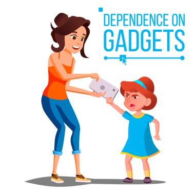 Çocuk s Gadget bağımlılığı vektör. Anne alır Smartphone kızından. Ebeveyn yetişme. İllüstrasyon izole karikatür