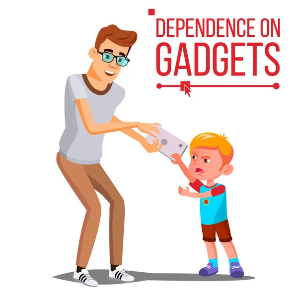 Çocuk s Gadget bağımlılığı vektör. Babası alır Smartphone oğlundan. Internet bağımlılığı. İllüstrasyon izole karikatür — Stok Vektör