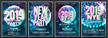 2019 parti el ilanı Poster vektör ayarlayın. Gece kulübü kutlama. Müzikal konser afiş. Yeni Yılınız Kutlu Olsun. Kutlama şablonu. Kış arka plan. Noel disko ışık. Tasarlamak