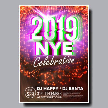 2019 parti el ilanı Poster vektör. Yeni Yılınız Kutlu Olsun. Tatil davetiyesi. Noel disko ışık. Tasarlamak
