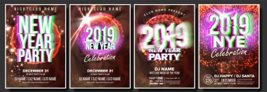 2019 parti el ilanı Poster vektör ayarlayın. Gece kulübü kutlama. Müzikal konser afiş. Yeni Yılınız Kutlu Olsun. Kutlama şablonu. Kış arka plan. Noel disko ışık. Tasarlamak