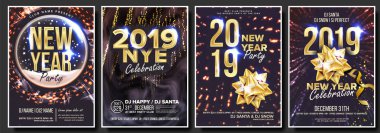 2019 parti el ilanı Poster vektör ayarlayın. Gece kulübü kutlama. Müzikal konser afiş. Yeni Yılınız Kutlu Olsun. Kutlama şablonu. Kış arka plan. Noel disko ışık. Tasarlamak