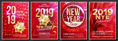 2019 parti el ilanı Poster vektör ayarlayın. Gece kulübü kutlama. Müzikal konser afiş. Yeni Yılınız Kutlu Olsun. Kutlama şablonu. Kış arka plan. Noel disko ışık. Tasarlamak