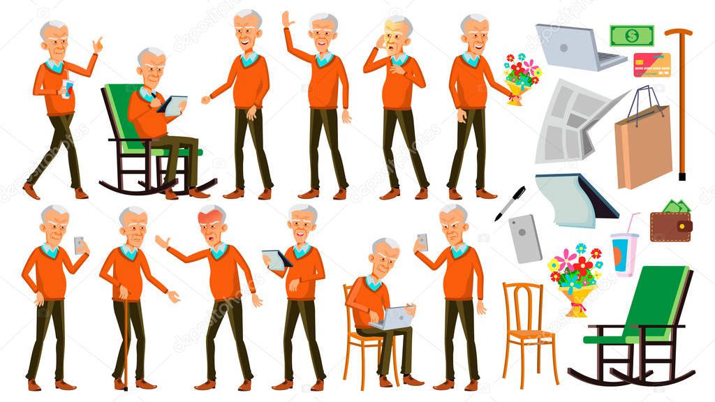 Old Man Poses Set Vector. Asian. Elderly People. Senior Person. Aged. Positive Pensioner. Advertising, Placard, Print Design. Isolated Cartoon Illustration