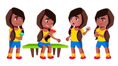 Kız Anaokulu çocuk Set vektör teşkil etmektedir. Siyah. Afro Amerikalı. Okul öncesi, çocukluk. Gülümse. Oyuncaklar. Web, Poster, kitapçık tasarımı için. İllüstrasyon izole karikatür