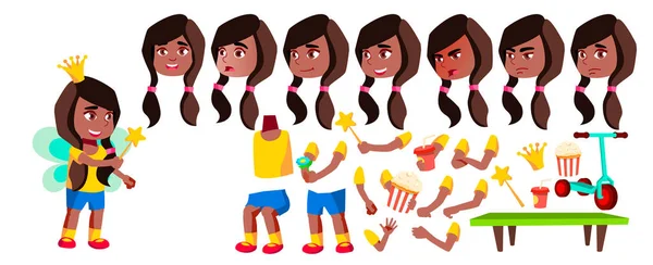 Mädchen Kindergarten Kind Vektor. schwarz. Afroamerikaner. Animationsset. Gesicht Emotionen, Gesten. ziemlich positives Baby. Freizeit. für Web, Broschüre, Plakatgestaltung. animiert. Vereinzelte Illustration — Stockvektor