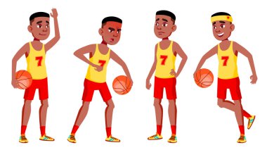 Genç çocuk Set vektör teşkil etmektedir. Siyah. Afro Amerikalı. Gezi, gülümseme. Web, broşür, afiş tasarımı için. İllüstrasyon izole karikatür