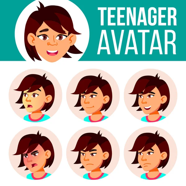 Asian Teen Dziewczyna wektor zestaw Avatar. Emocje na twarzy. Wyrażenie, pozytywną osobą. Piękno, styl życia. Ilustracja kreskówka głowy — Wektor stockowy