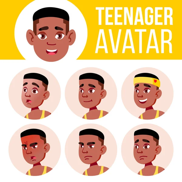 Teen Boy Avatar Set Vector. Negro. Afroamericano. Emociones faciales. Alto, pupila infantil. Pequeño, Junior. Ilustración de cabeza de dibujos animados — Vector de stock