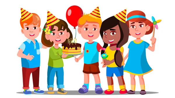 男孩和女孩庆祝孩子的生日的媒介。孤立的插图 — 图库矢量图片