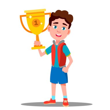 Spor Kupası el vektör ile mutlu bir çocuk. Rekabet. İzole illüstrasyon