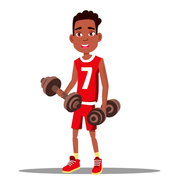 Der kleine Junge trainiert mit einer Hantel in der Hand. Sport. Gesund. Vereinzelte Illustration — Stockvektor