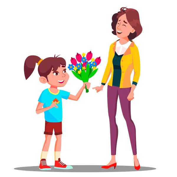 Little Girl Gives Flowers To Mother, Happy Mother S Day Vector. Present, Gift. Isolated Illustration — Stock Vector