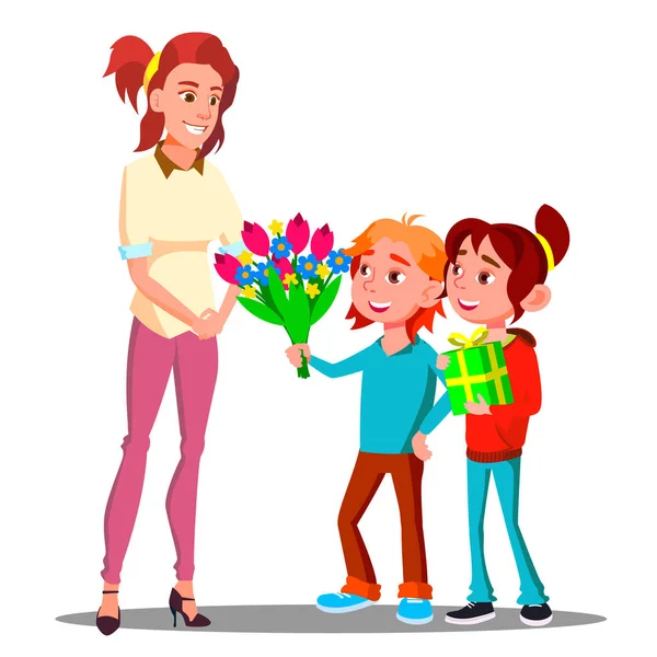 Children Give Flowers And Gifts To Mother Vector. Present, Gift. Isolated Illustration — Stock Vector