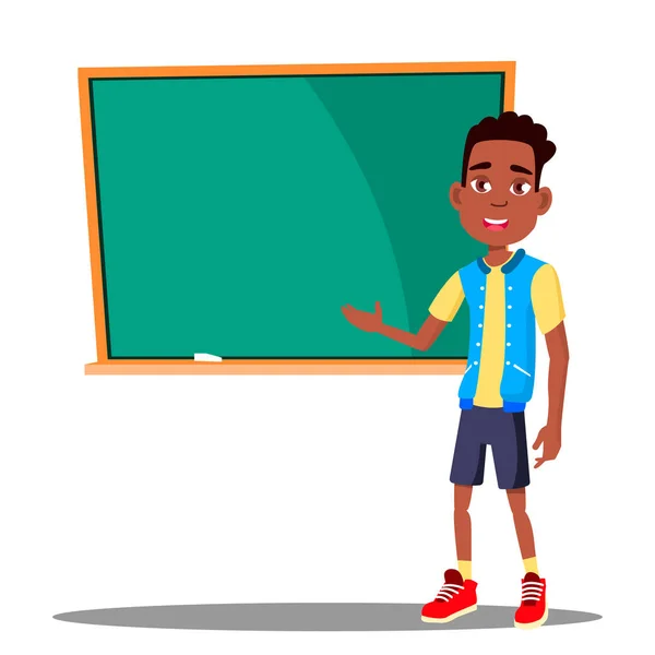 Little Boy antwoorden op het schoolbord In de klas-Vector. Afro Amerikaan. School. Geïsoleerde illustratie — Stockvector