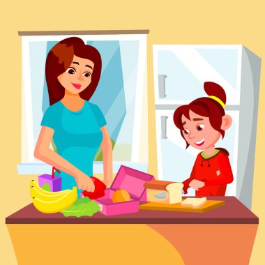 Küçük kız yardımcı anne mutfak vektör. Beslenme çantası. İzole illüstrasyon